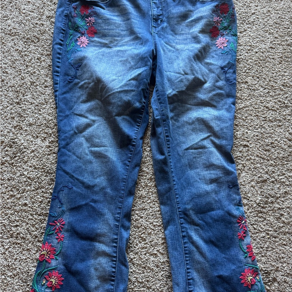 Vintage America Blue Jeans with Red Floral Embroidery